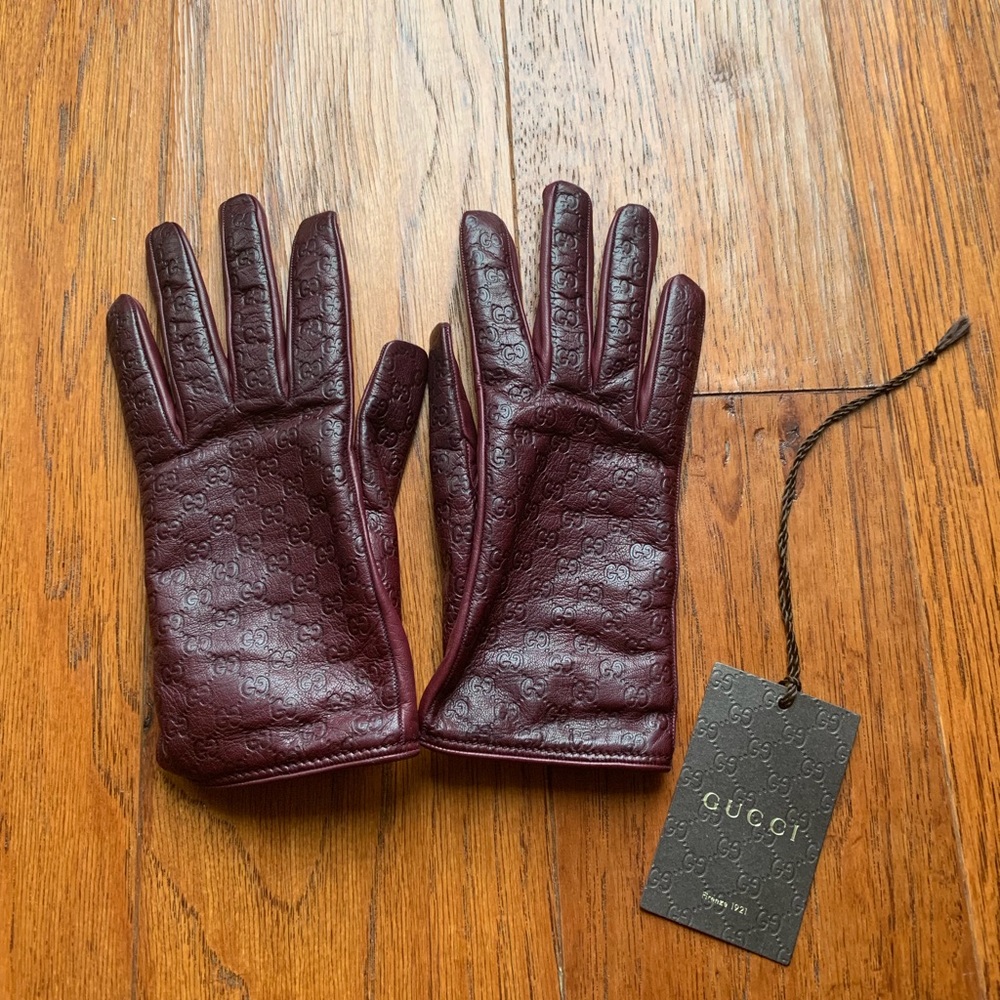 New Authentic Gucci Maroon Leather Gloves Size 6.5
